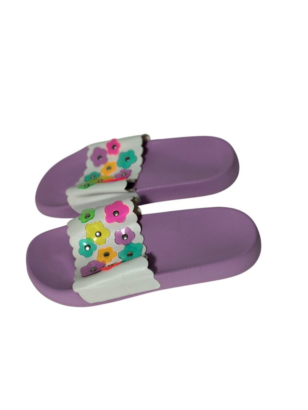 Youth Size 3 4 Slide SLip On Sandals Shoes Purple Multicolor Flower Embellished